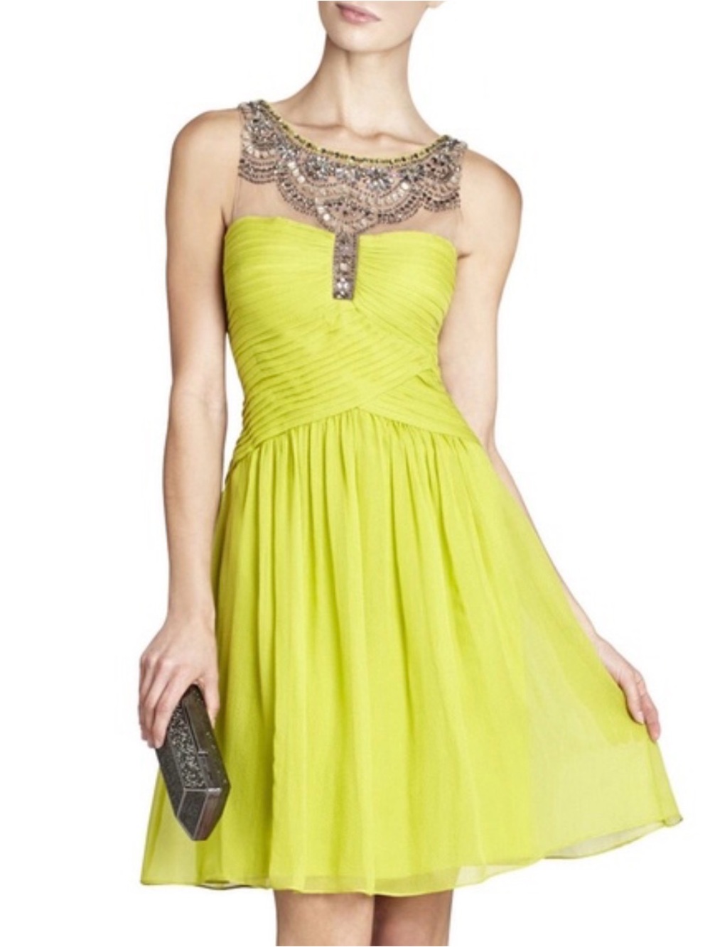 BCBGMaxAzria Yellow Strapless Cocktail Dress with Beaded Illusion